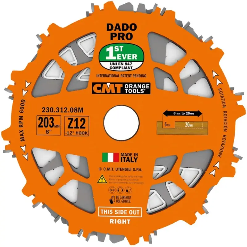 CMT 230.312.08M Verstelbare Groefzaag DADO 200 x 30 x 12T Op = Op